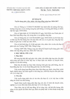 KẾ HOẠCH TUYỂN DỤNG GIÁO VIÊN, NHÂN VIÊN HỢP ĐỒNG NĂM HỌC 2026 -2027