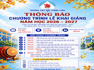 THÔNG BÁO CHƯƠNG TRÌNH LỄ KHAI GIẢNG NĂM HỌC 2026 – 2027